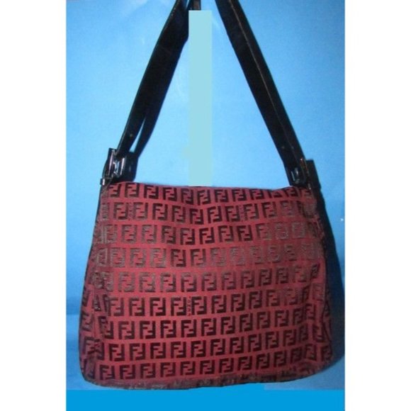 Fendi Mamma Zucco Zucchino Shoulder Bag Black Logo Print On Dark Red Canvas - Picture 2 of 12